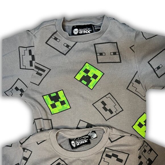 Jinx X Minecraft Creeper & Mob Pattern Kids Sweater - Gray & Green Graphic Desig - Picture 4 of 6